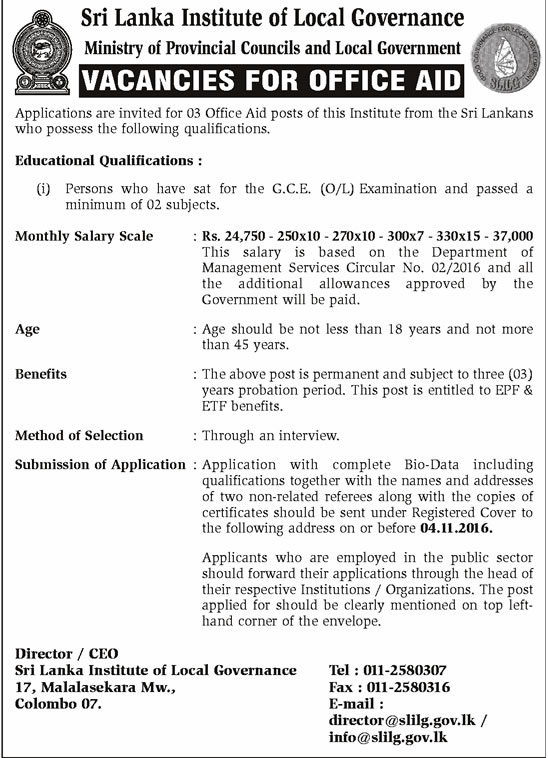 Office Aid - Sri Lanka Institute of Local Governance	